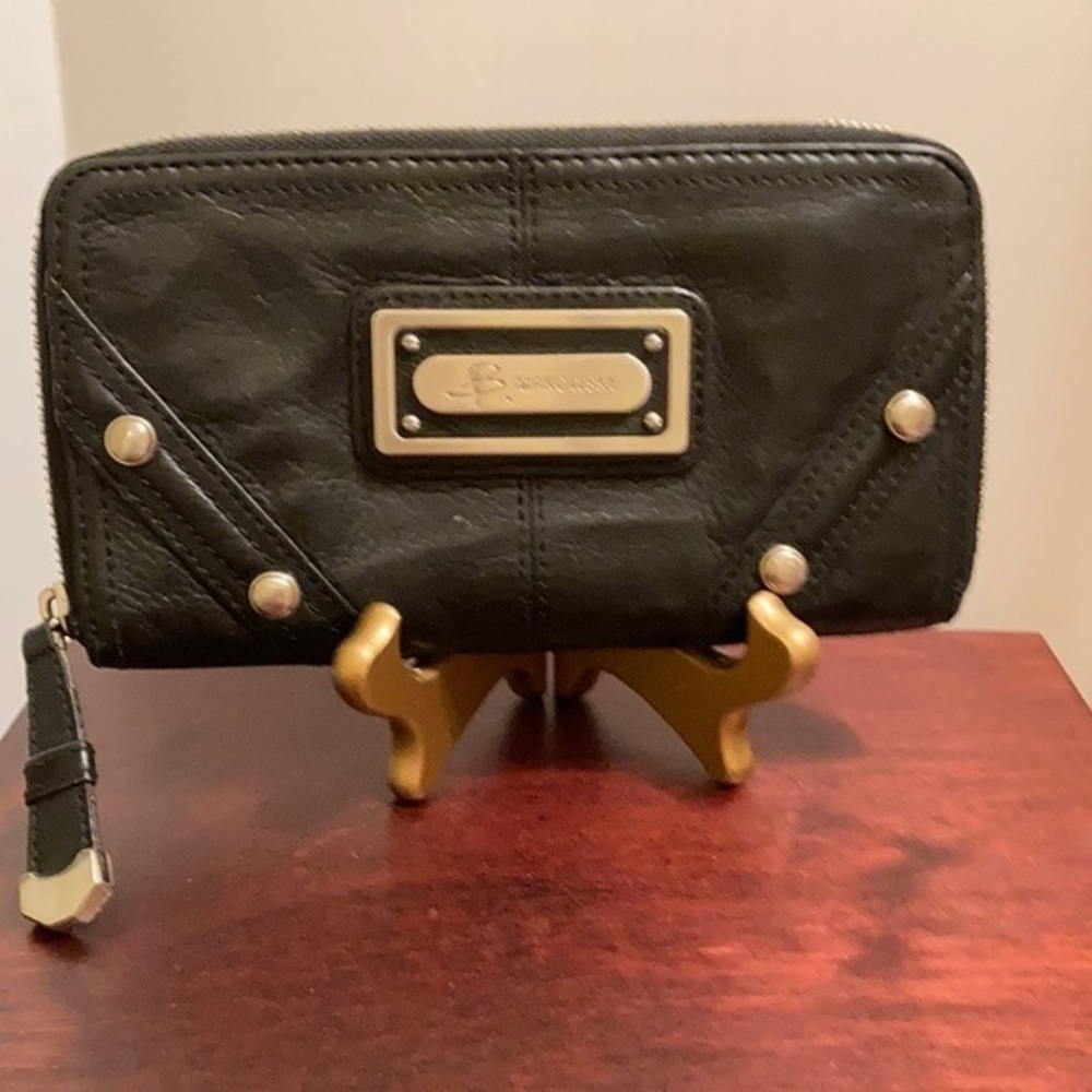 B Makowsky pre-loved Black leather wallet with silver hardware and studs